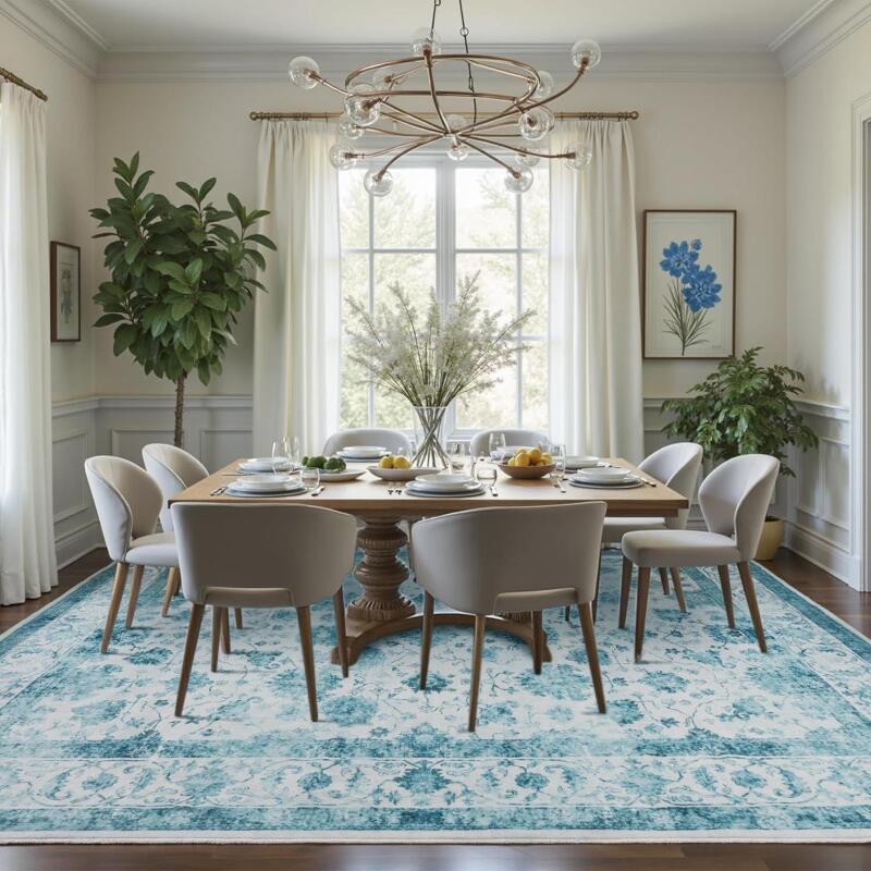 New Zentavio 8x10 Washable Area Rugs, Vintage Non-Slip Floral Living Room Rug, Indoor Foldable Floor Thin Low Pile Carpet for Farmhouse Bedroom Dining Room Blue