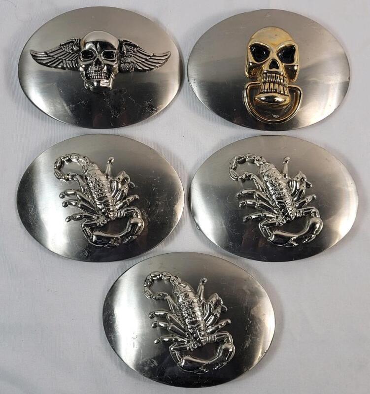 Five (5) Skull & Scorpion Belt Buckles . Each measures 5 ⅛"&times;3 ⅞"
