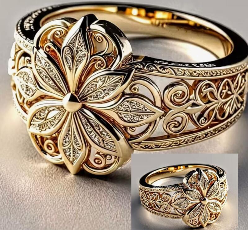 Two Beautiful Elegant KC Golden-Plated Copper Ring with Intricate Floral Design Size 8 & Size 9 Detailed Craftsmanship Stock photo added