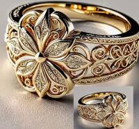 Two Beautiful Elegant KC Golden-Plated Copper Ring with Intricate Floral Design Size 8 & Size 9 Detailed Craftsmanship Stock photo added