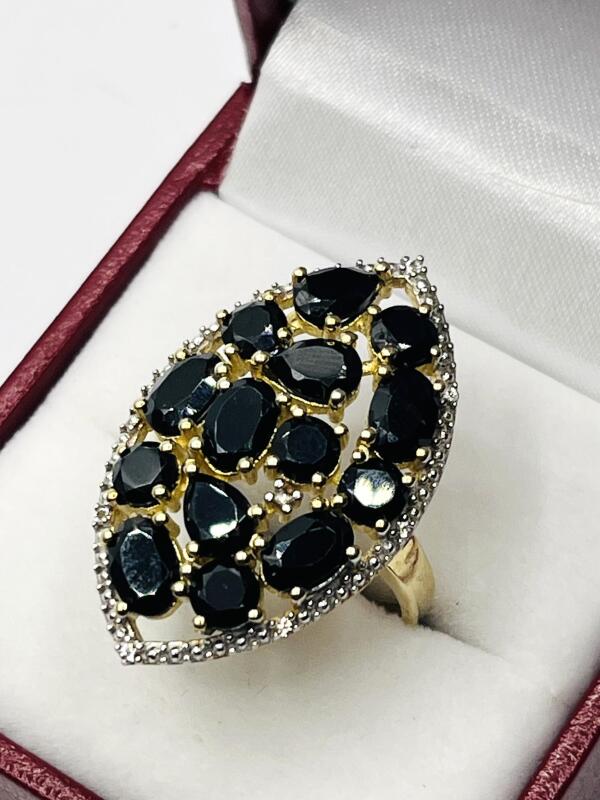 Gold Plated Sterling Silver Natural Black Onyx (3.65ct) with Natural White Topaz (0.14ct) Ring, Size 7.75, W/A $380.00. with appraisal