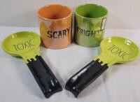 Halloween Home Decor Wicked Circa Large Stoneware Mugs & Two (2) Rae Dunn Large Ceramic Spoon Rests .