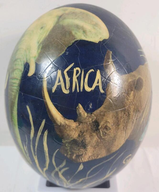 Vintage Hand-Painted / Decoupage Ostrich Egg Featuring African Wildlife . Measures 6 &frac14;" tall & 4.5" diameter .