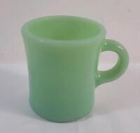 Vintage Fire-King Jadeite D-Handle Mug . Small minor chip on outside edge .