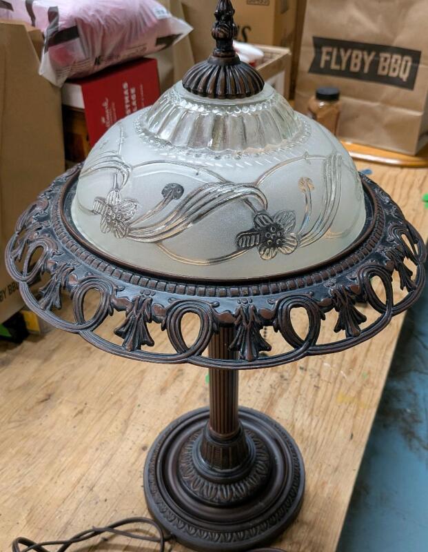 Vintage Two Bulb Lamp with Glass Shade. 20" Tall