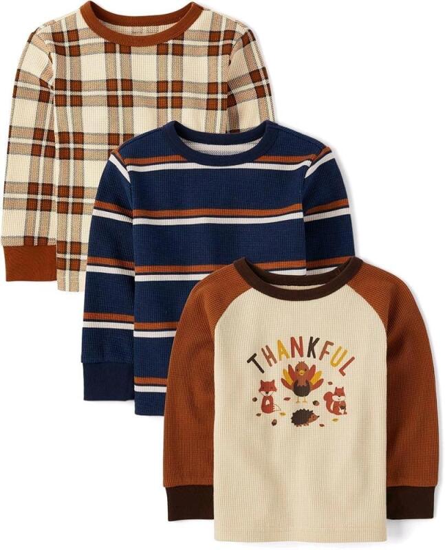 New Size 4T Toddlers THE CHILDREN'S PLACE 3-Piece"Thankful" Turkey & Plaid Long Sleeve Tops, Retails Over $80!
