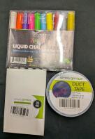 New Art and Office Supplies. KASSA ALlowuif chalk markers 20 Simply Genious Ballpoint pens. And One Roll Of Simply Genious Duct Tape.