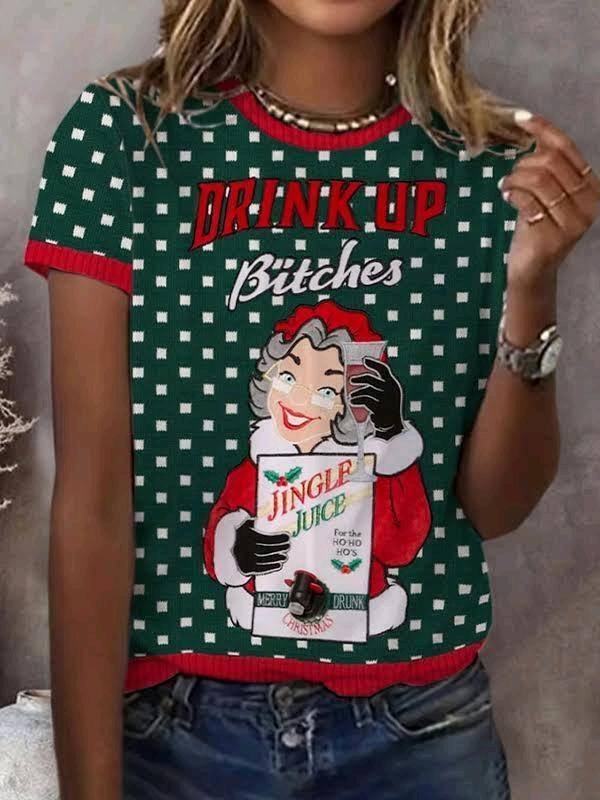 New Size Large Women's Ugly Christmas Print Shirt "Drink Up, Bitches!" With Refillable Alcohol Pouch And Spout On Front