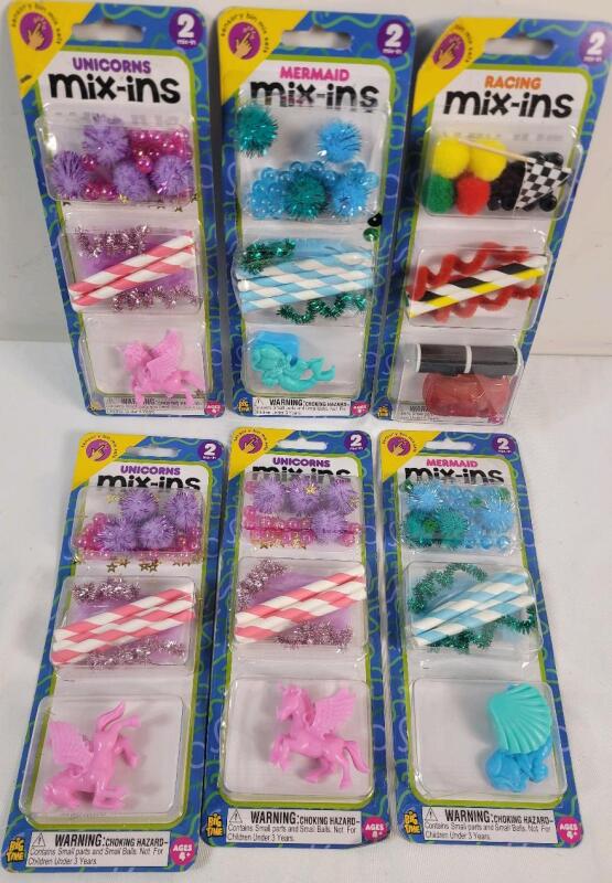 Six (6) New Sensory Bin Mix Sets - Unicorns , Mermaids & Racing .