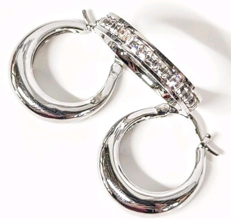 New Size 8 Rhinestone Band Ring & Pair Sterling Silver Stamped S925 Pierced Chunky Hoop Earrings