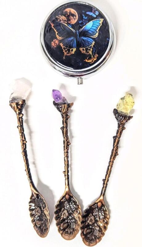 3 Ornate Gemstone-Topped Floral Wand Tea Spoons 4.25" Long Each & Butterfly Pill Case 1.8" Diameter