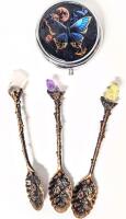 3 Ornate Gemstone-Topped Floral Wand Tea Spoons 4.25" Long Each & Butterfly Pill Case 1.8" Diameter