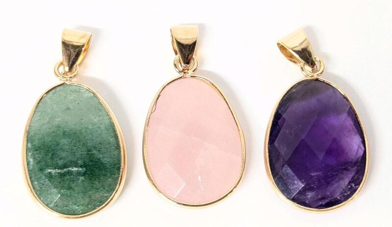 3 New Polished Faceted Semi-Precious Stone Pendants: Amethyst+ Green / Pink Quartz, 1.25" Long Incl Bale