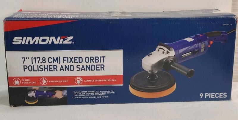 New - SIMONIZ Brushed Corded Hook & Loop Right Angle Fixed Orbit Adjustable Grip Polisher & Sander . Retail $145 . Missing One (1) Sander Disc