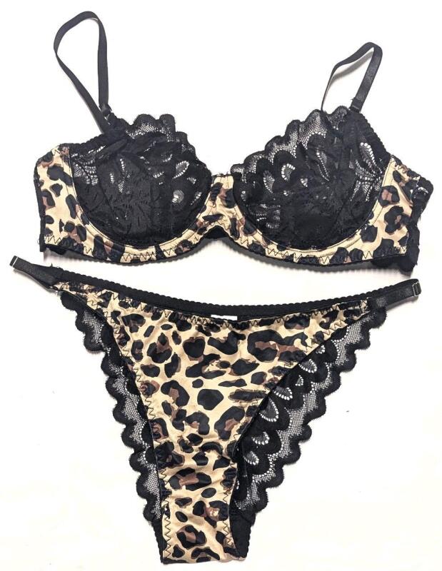New Size XL Women's 2-Piece Leopard Print Peekaboo Lace Bra & Panties Set