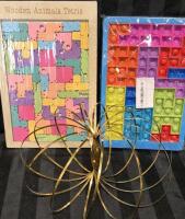 3 New Children's Toys - Popper Fidget Toy, Flow Rings & Wooden Animals Tetris