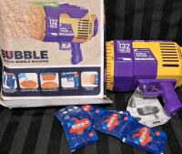 NEW As Is Bubble Machine, Shoots Dozens of Bubbles - No Accessories Included, No Battery. Does Include 10 Packs Bubble Concentrate