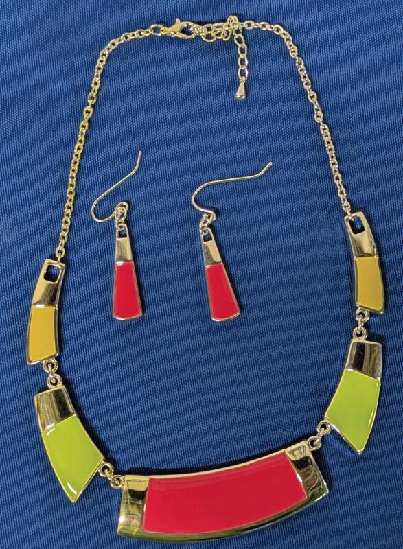 Vintage Multicolor Necklace & Pierced Dangly Earrings Set, 17" Long