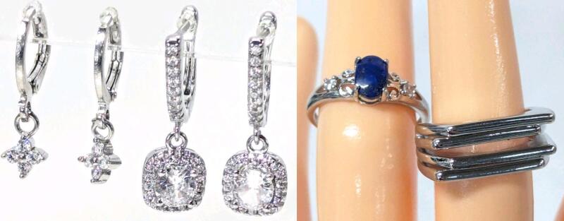 New Sterling Silver Stamped 925 Open-Back Ring, Expansion Ring With Possible Lapis Stone & 2 Pairs Dangly Hoop Earrings