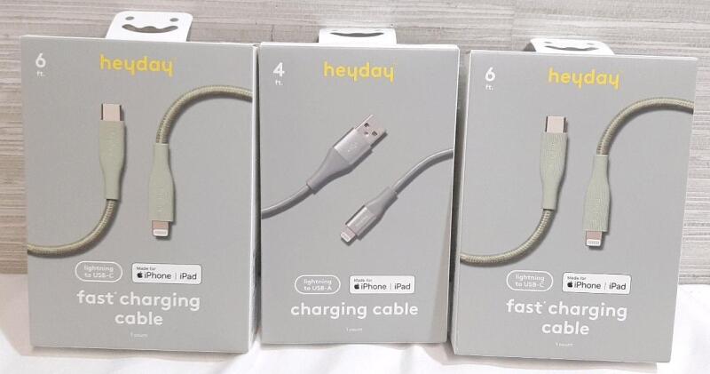 2 New Packs of Heyday Lightning to USB-C 6ft Charging Cables & 1 Lightning to USB-A 4ft Cable