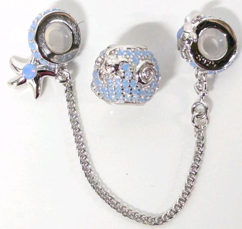 2 New Sterling Silver Stamped S925 Bracelet Charms: Sea World Safety Chain Charms & Sea Turtle & Sea Star Bead Charm