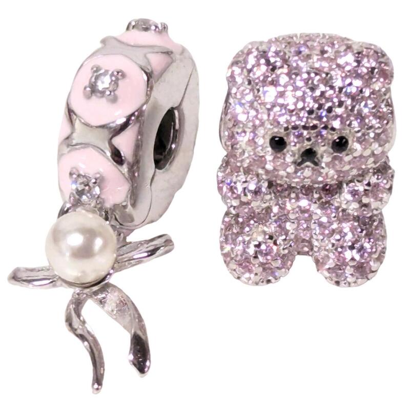 2 New Sterling Silver Stamped S925 Bracelet Charms: Iced Out Pink Gummy Bear Rhinestone Bead & Dangly Bow Faux Pearl Spacer Bead, 0.5" - 1" Long