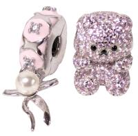 2 New Sterling Silver Stamped S925 Bracelet Charms: Iced Out Pink Gummy Bear Rhinestone Bead & Dangly Bow Faux Pearl Spacer Bead, 0.5" - 1" Long