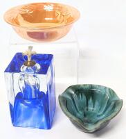 Signed Vintage Blue Mountain Pottery Ashtray, Fire King Luster Ware Peach Milk Glass Bowl & 4" Tall Art Glass Oil Burner Lamp, Only Lamp Has Small Chips In Bottom Rim