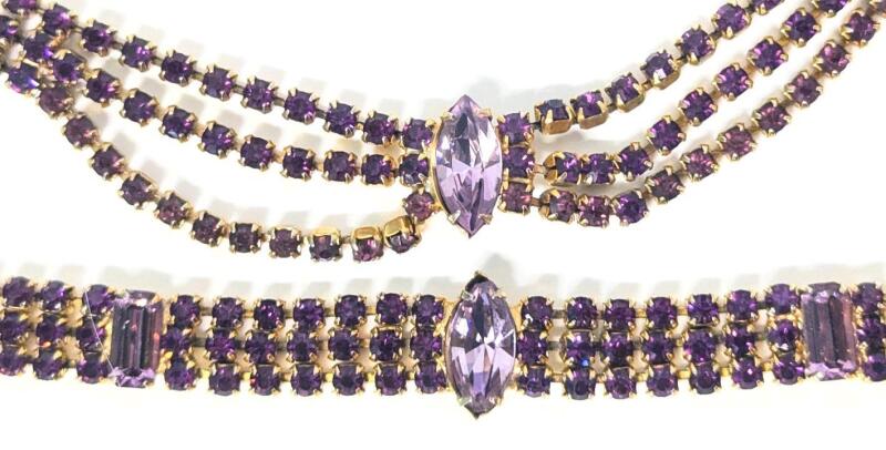 Vintage 2-Piece Grape & Amethyst-Coloured Rhinestone Necklace & Bracelet Set, 6" - 14" Long