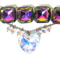 Vintage Super Chunky Watermelon Rainbow Rhinestone Necklace 19" & Heart-Prism Necklace 18", Note: Flaking & Shallow Smoothed Chips in Prism
