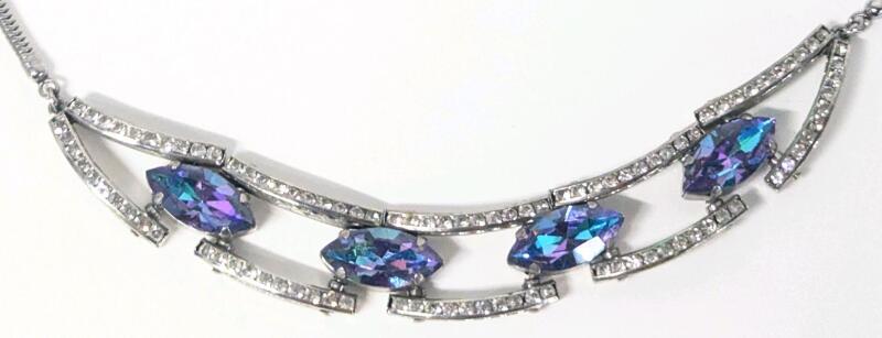 Gorgeous Hinged Peacock & Clear Rhinestone Necklace, 15" Long