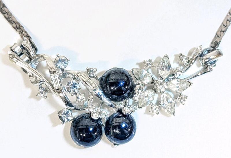 Signed Vintage Rhinestone Flowers & Berries Necklace on Attatched Flat Link Chain, 16.5" Total Length