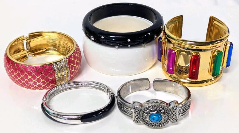 6 Vintage to Modern Hinged & Open-Cuff Bracelets & Bangles Incl Open-Cuff Bracelet Watch (Non-Functional Likely Needs New Batteries)