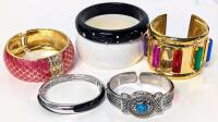 6 Vintage to Modern Hinged & Open-Cuff Bracelets & Bangles Incl Open-Cuff Bracelet Watch (Non-Functional Likely Needs New Batteries)