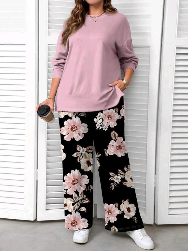 New Size 3XL Women's 2-Piece Midweight Long-Sleeve Top & Floral Elastic Waist Lounge Pants Set With Stretch