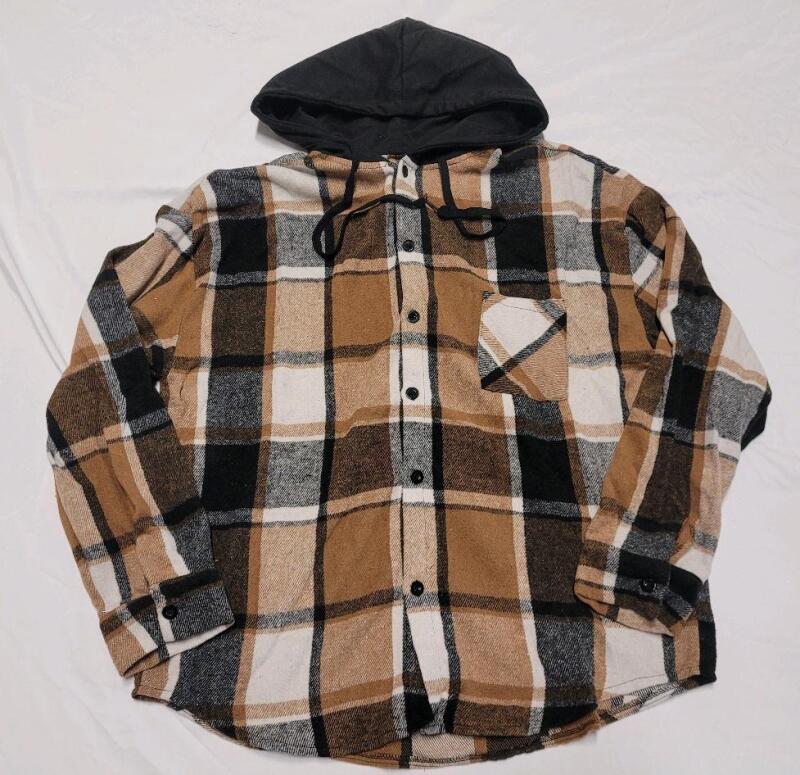 New Men's Sz. XL Manfinity Plaid Button-Up Long Sleeve Shirt w/Draw-String Hood .