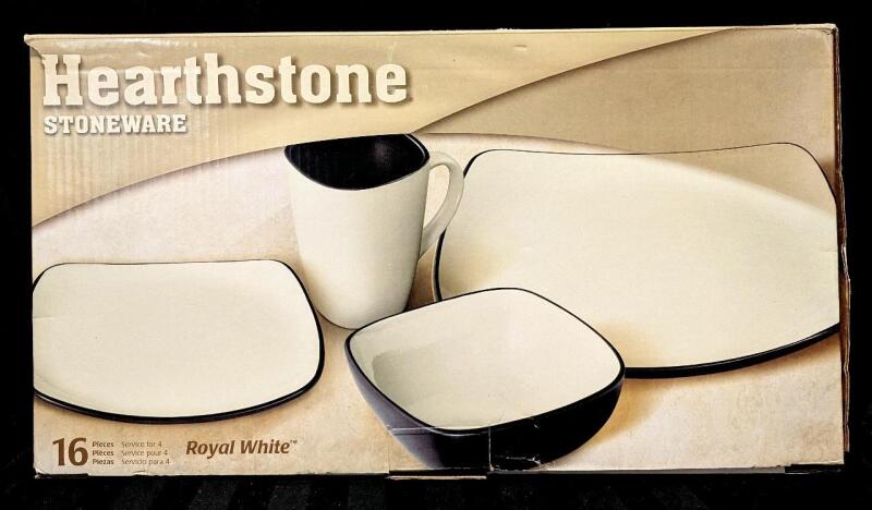 As-New HEARTHSTONE Stoneware 16-Piece Dinner Set For 4, Royal White, Dinner Plates 11.5" &times; 11.5"