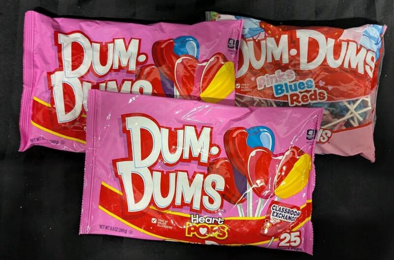 3 New Packs: Dum Dums Suckers - Best Before 2027 - 2 Packs Heart Pops, 25 Pops Per Pack, 249g - 1 Pack Pink Blues Reds, 34 Per Pack, 221g
