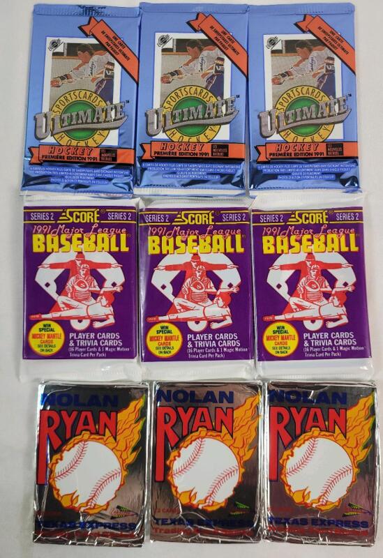 1991 Hockey & Baseball Trading Card Sealed Wax Packs . Ultimate Hockey &times;3 , Score Ser.2 Baseball &times;3 & Nolan Ryan Baseball &times;3 . Nine (9) Packs Total