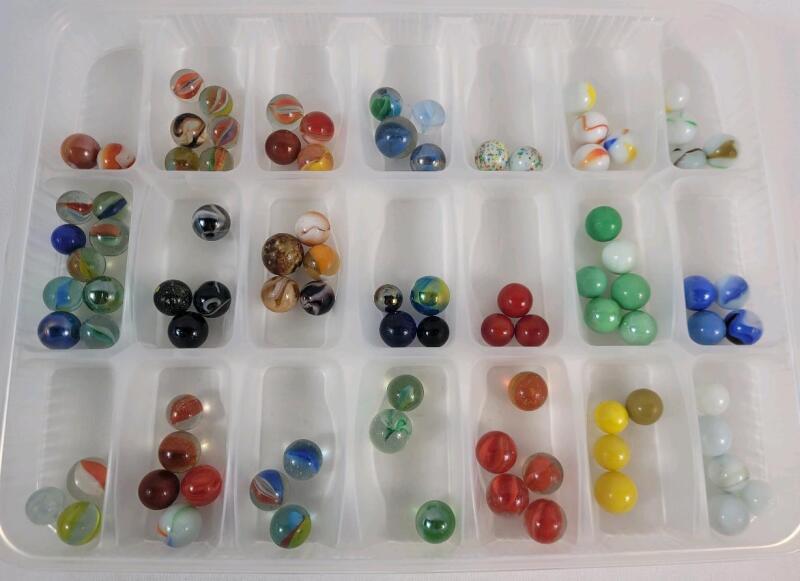 89 Vintage Marbles w/Container - Various Designs . Includes One (1) Uranium Glass Marble