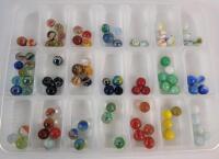 89 Vintage Marbles w/Container - Various Designs . Includes One (1) Uranium Glass Marble