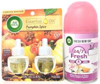 New Air Wick 2pc Pumpkin Spice Scented Oil Refills 40ml ea + 24/7 Fresh White Flowers & Melon Automatic Spray Refill 167g