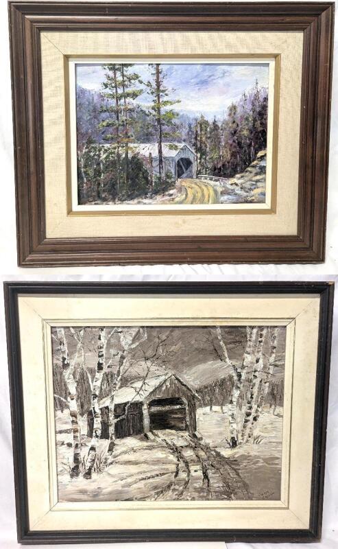 2 Signed Vintage June Graham Framed Textured Original Covered Bridges Oil/Acrylic Paintings, 23.5" &times; 19.5" - 24.5" &times; 20.5"