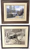 2 Signed Vintage June Graham Framed Textured Original Covered Bridges Oil/Acrylic Paintings, 23.5" &times; 19.5" - 24.5" &times; 20.5"