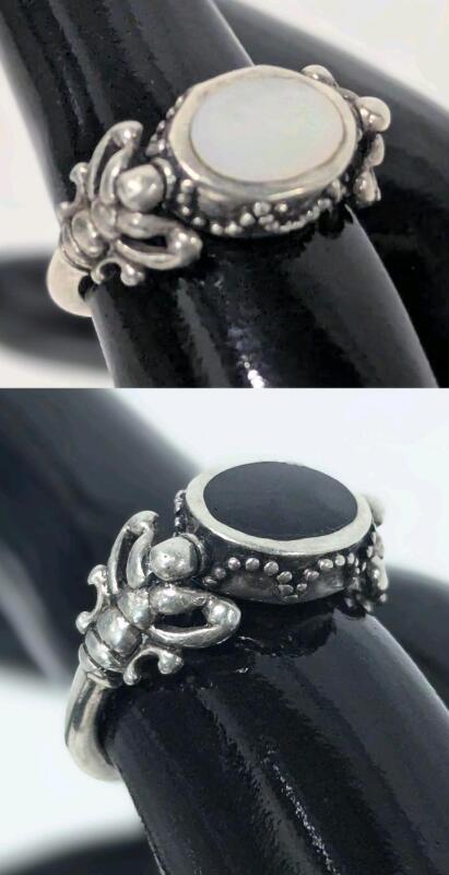 Size 6.5 Women's Sterling Silver Stamped 925 Presumed Mother of Pearl / Onyx Stone Flip Ring