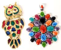Vibrant Colours! Hinged Enamel Articulated Owl Brooch/Pendant 3" Long & Signed "Best" Chunky Oval Pendant 2" &times; 3"