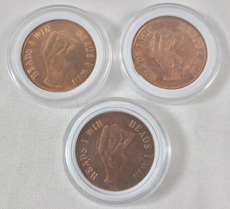 3 "Heads I Win - Tails You Lose" Challenge Coins featuring Nude Pin-Up Girl Design.