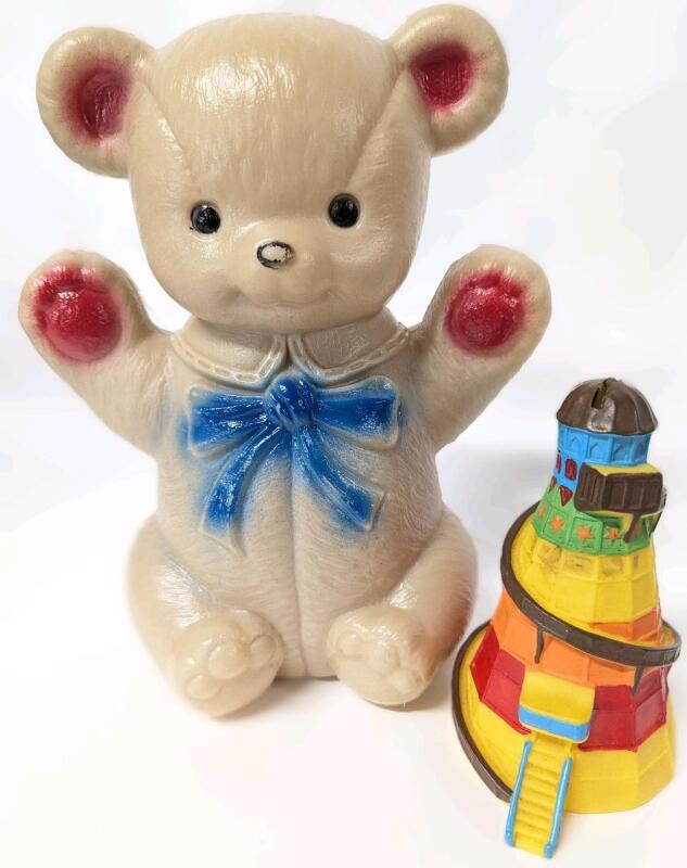 2 Vintage Piggy Banks : 1960s REGAL Canada Blow Mold "Destruction" Teddy Bear (No Holes To Remove Coin) & M.L.V.P. 1978 Hong Kong Colourful Lighthouse With Stopper