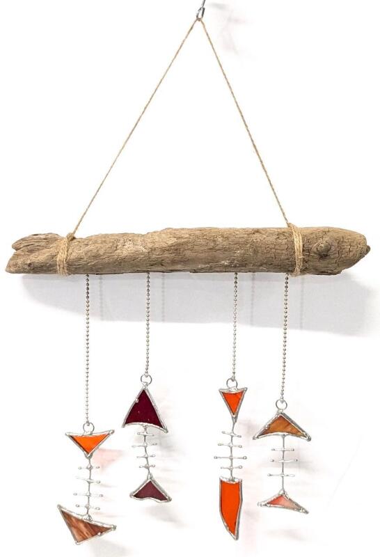 Absolutely Fantastic Stained Glass Abstract Fish Bone Wall/Window Hanging With Driftwood, 10.5" Across, 15" Long