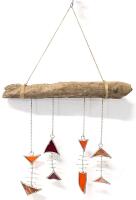 Absolutely Fantastic Stained Glass Abstract Fish Bone Wall/Window Hanging With Driftwood, 10.5" Across, 15" Long